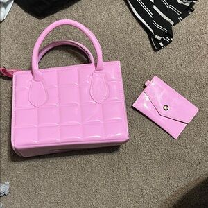 Pink Quilted Handbag and Cardholder Set